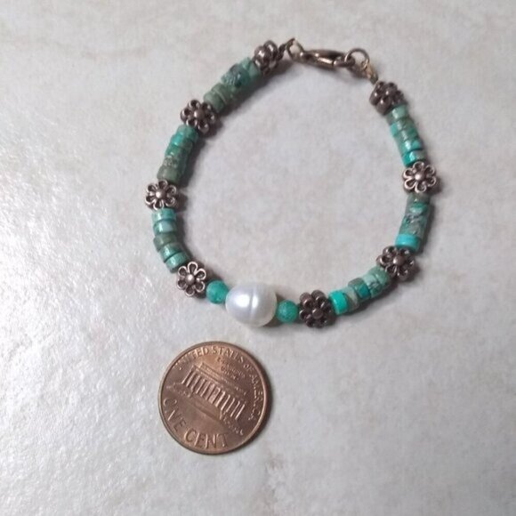 Green Sea Sediment Jasper + Copper Flowers + Real Pearl - Dainty Girly Tomboys - Picture 4 of 7